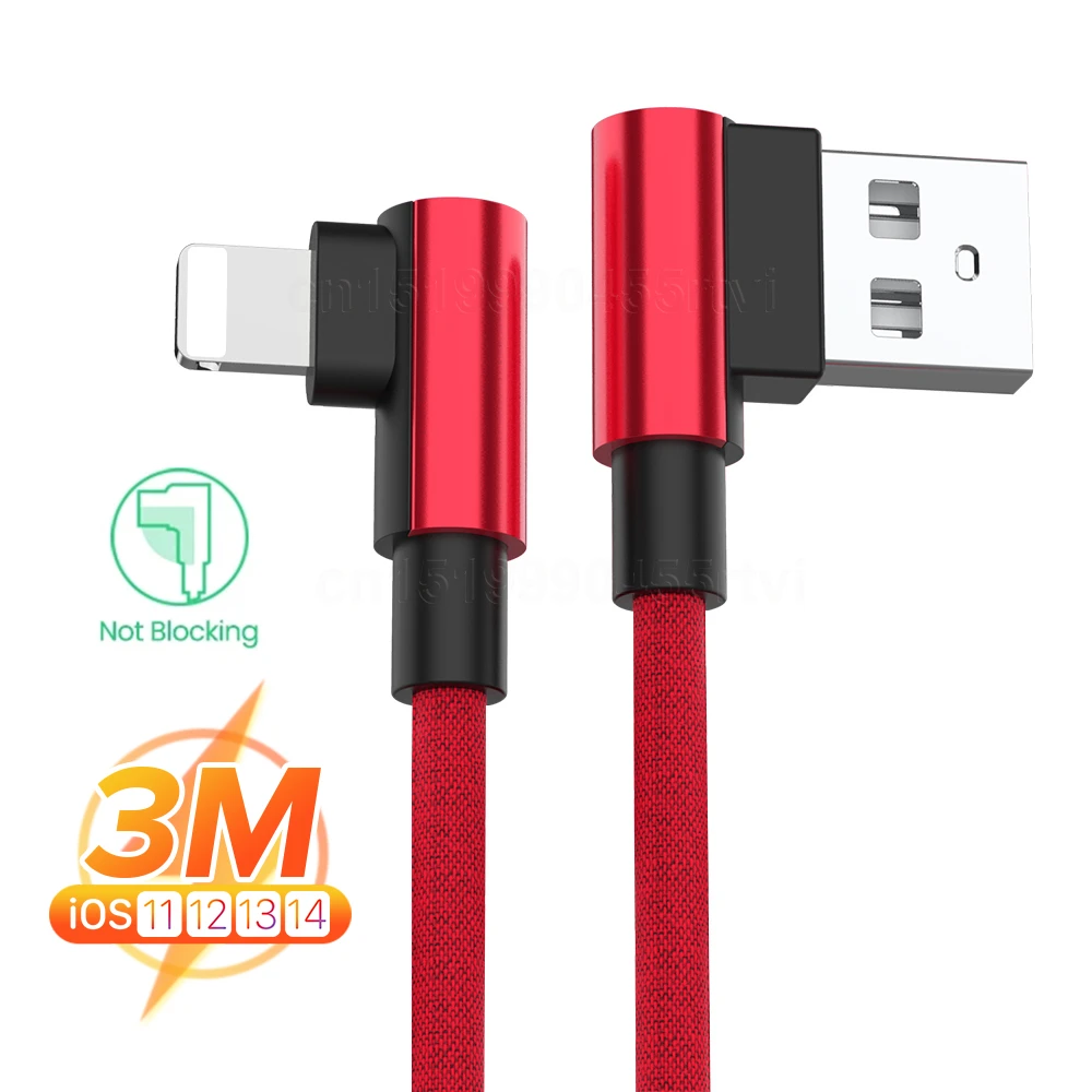 android phone charger 90 Degree Fast Charging USB Charger Cable For iPhone 13 12 11 Pro Max 6s 7 8 Plus X XR Xs SE iPad Origin Data Cord Long Wire 3m iphone charger cable