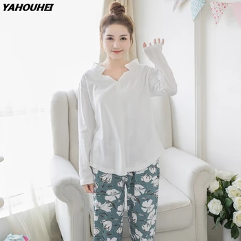 

Fashion V-neck Cotton Pajama Sets For Women 2019 Autumn Long Sleeve Pyjama Girls Cute Pijama Mujer Lounge Homewear Home Clothing