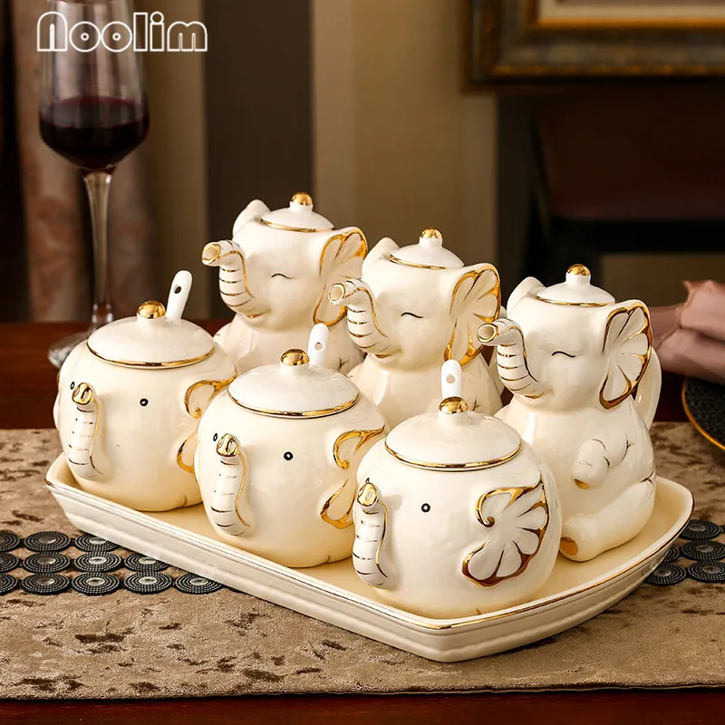 Ceramic Elephant Seasoning Oil Bottle Spice Jar Set Salt and Pepper Shakers Sugar Bowl Vinegar Sauce Tank Kitchen Cooking Tools | Дом и сад