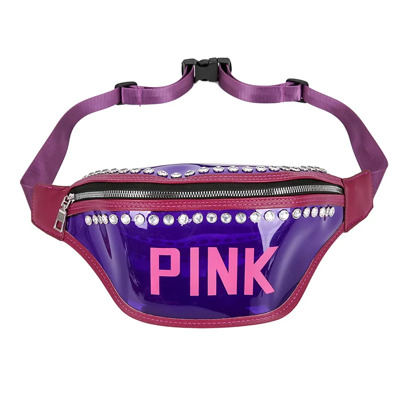 

Pink Women Wasit Bag Sports Fanny Pack Waterproof PU Diamond Chest Bag Laser Cross-body Bag Female Mobile Phone Purse