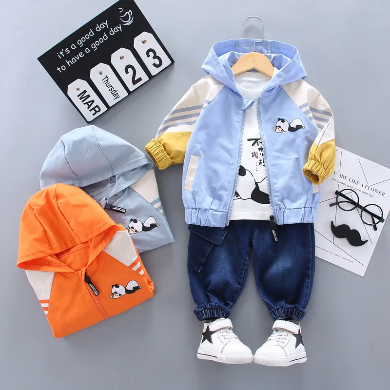 

Spring Hooded Zipper Cardigan CHILDREN'S Three-piece Suit-Style BOY'S Baby Panda Printed Contrast Color Versatile