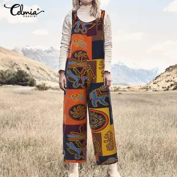 

Fashion Women Jumpsuits 2020 Celmia Vintage Printed Rompers Casual Loose Straps Sleeveless Playsuits Kaftan Pantalon Plus Size