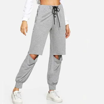 

2019 Fashion Women Casual Holes Destroyed Knee Pant Trousers Grey Loose Ripped Pants