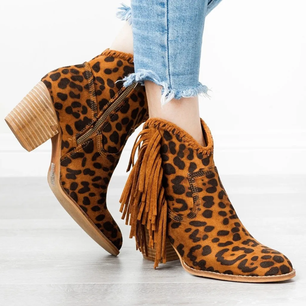 

Long Tassel Chelsea Boots Women's Leopard Ankle Boots Winter Suede Pointed Short Boot Female High Heel Shoes Fringe Knight Botas