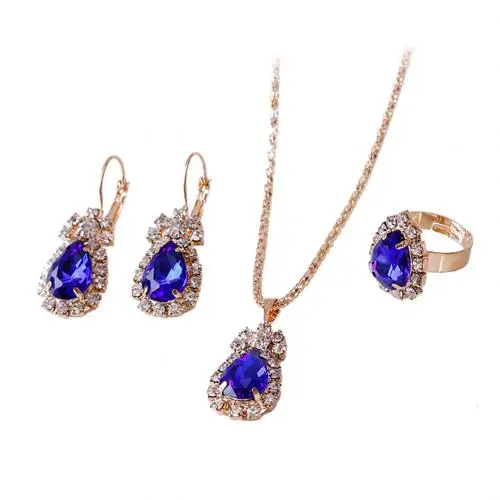 Мода капли воды блестящие стразы ожерелье кольцо серьги для женщин комплект ювелирных изделий - Окраска металла: Sapphire Blue