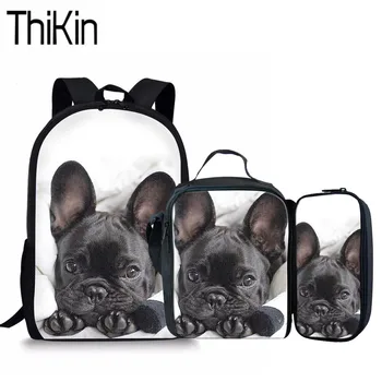 

THIKIN 3Pcs/Set Children School Bags for Kids French Bulldog Shoulder Bagpack Girls 3D Printing Schoolbag Students Primary Bags