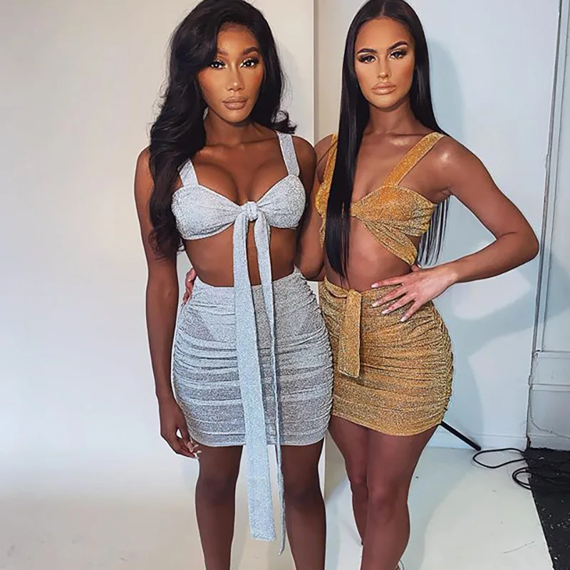 

Hot-selling AliExpress Explosion Style Bright Silk Stitching Women's Lace Wrap Chest Sexy Package Hip Skirt Two-piece