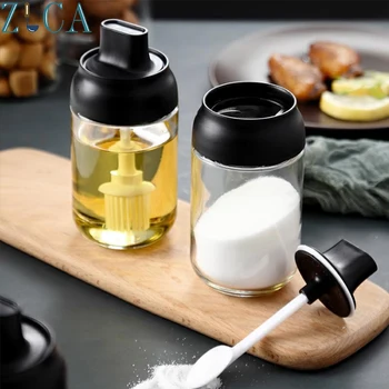 

ZLCA Spice Jar Plastic Glass Condiment Bottles with Spoon Kitchen Seasoning Salt Oil Coffee Beans Container Spices Storage Box