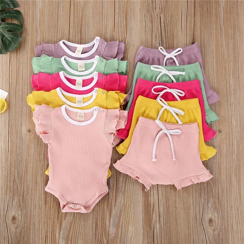 

Baby Girl Sets Toddler Bbay Clothes Ruffle Summer Set Cute Girls Top Solid Color Romper +Flounce Drawstring Shorts Babies Outfit