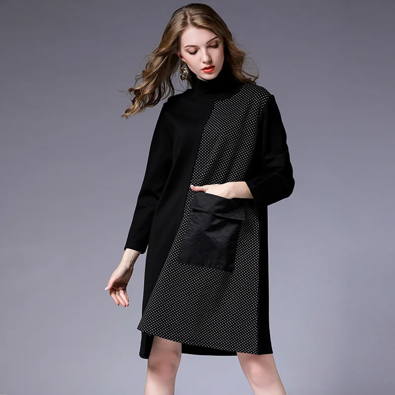 

LANMREM 2019 New Fashion Autumn Winter Pattern Leisure Splicing Wave Point High Collar Loose Slim Wild Women's The Dress AD016