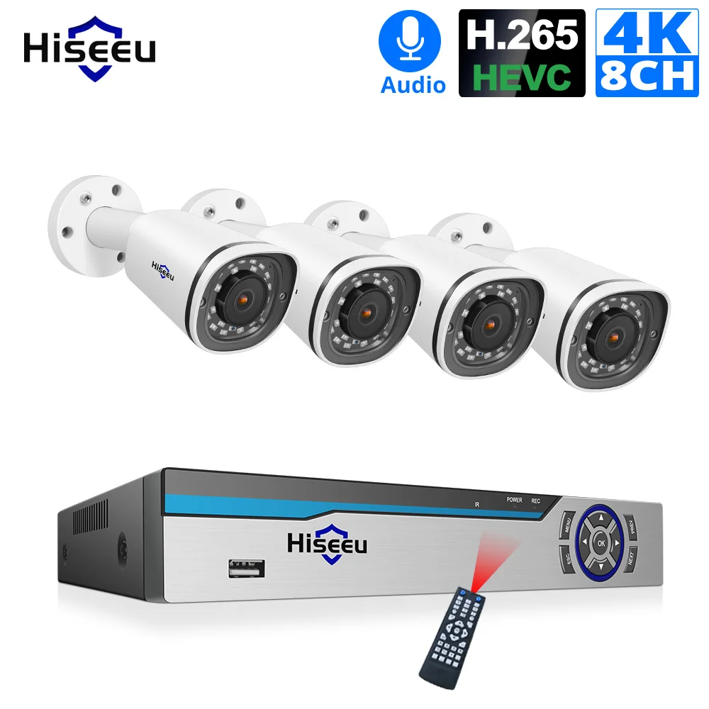 Hiseeu 8CH 4K POE NVR комплект H.265 CCTV система безопасности 8MP наружная Водонепроницаемая POE ip-камера аудио запись комплект видеонаблюдения