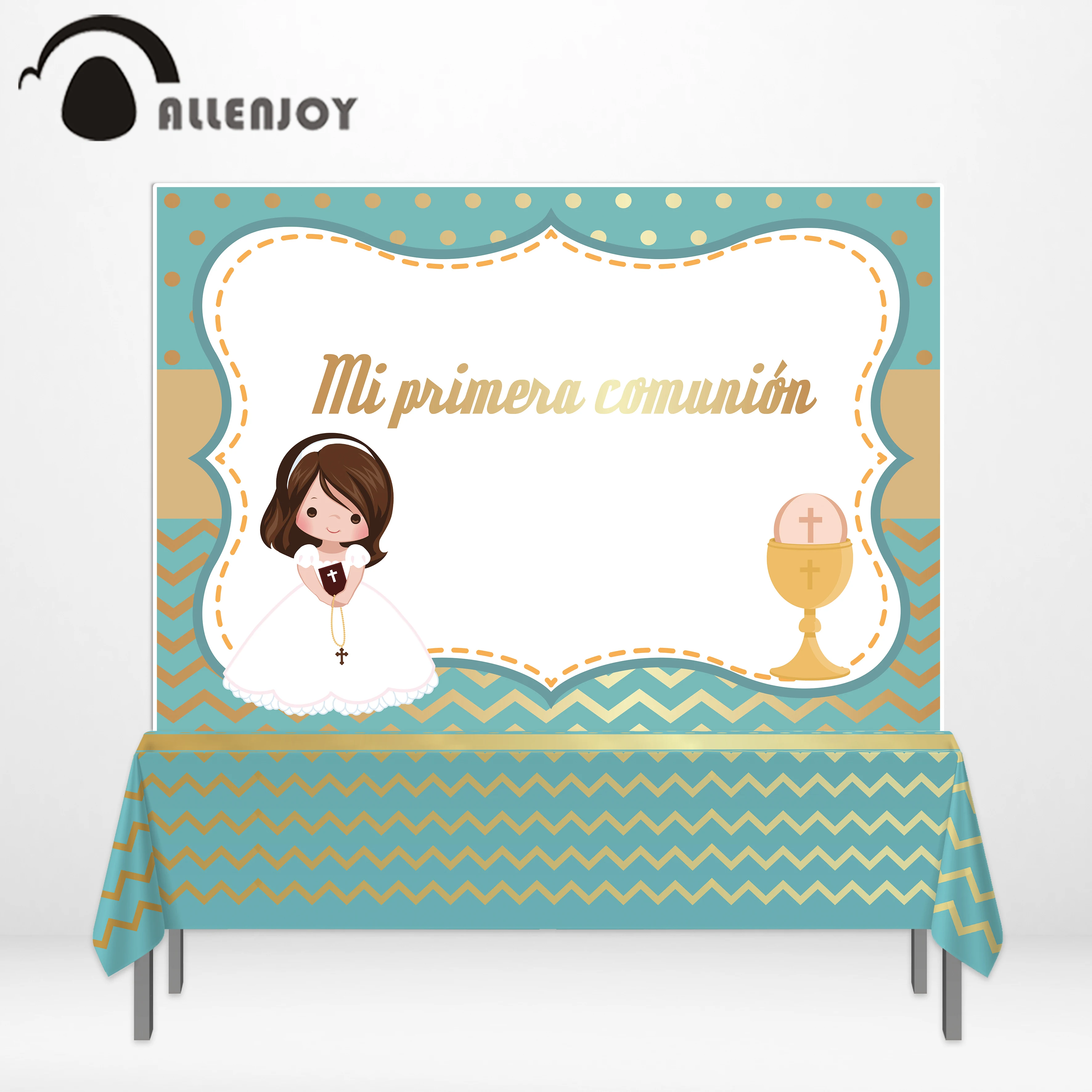 

Allenjoy photophone backdrops First communion girl cross frame dot stripe party tablecloth table cover backgrounds photobooth