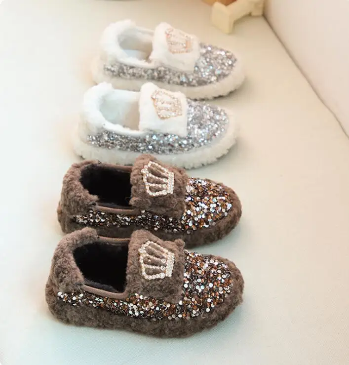 Winter girls doug shoes kids loafers children Princess shoes baby flat kids cotton fur shoes fashion glitter bow lacing