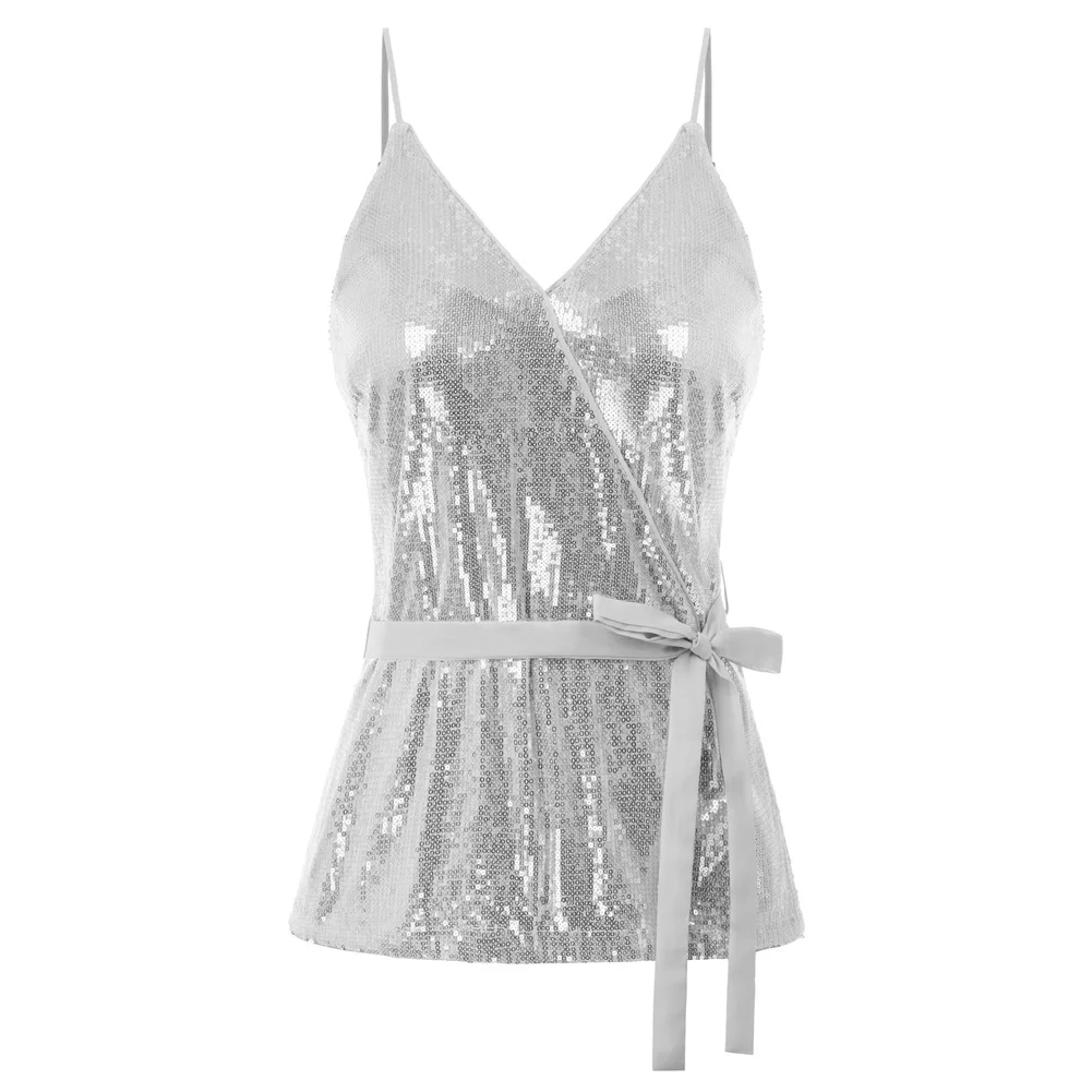 Belle Poque вечерние топы с блестками+ плиссированная юбка с v-образным вырезом и блестками, сексуальные блестящие топы с открытой спиной и ремешками, женские Клубные вечерние топы - Цвет: Silver