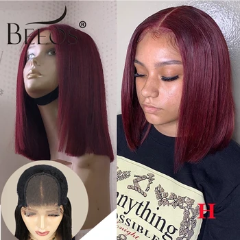 

150% Straight Burgundy Bob 99J 4*4 Lace Closure Human Hair Wig Brazilian Remy T Part Lace Wigs Preplucked With Baby Hair