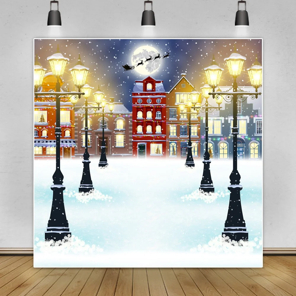 Winter Snow View Cartoon Castle Vintage Lantern Baby Child Photography Background Night Moon Santa Claus Poster Photo Backdrop |