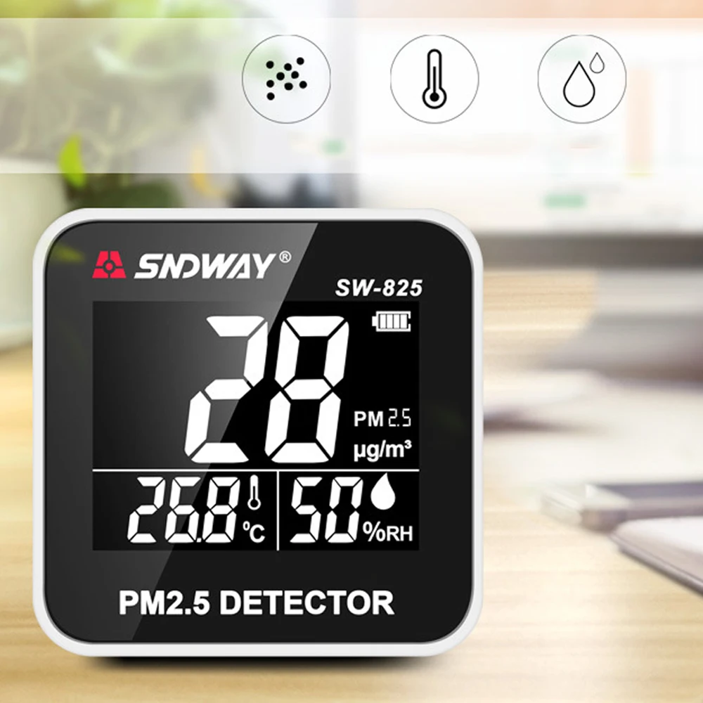 

PM2.5 Meter SNDWAY SW-825 HD LED Digital Display Air Quality Analyzer Mini USB Rechargeable PM2.5 Detector Tester Gas Monitor