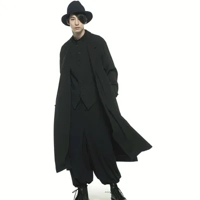 Длинный тёмный тренчкот Yamamoto в стиле Yohji с регулируемой смесью пальто со