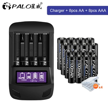 

PALO 8pcs AA battery rechargeable 1.2V or 8pcs rechargeable AAA batteries+LCD USB AA AAA battery charger quick smart charger