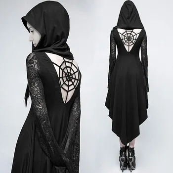 

Halloween Women Gothic Ghost Black Dresses Vintage Lace Up Backless Hooded Dress Halloween Cosplay Costume