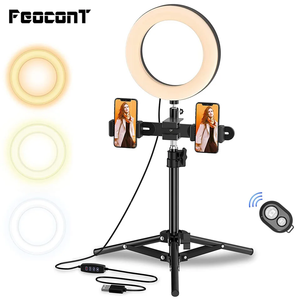 

Selfie Ring Light with Tripod 16cm Ring Lamp Double Phone Holder for Live/YouTube/Vlogs/Desktop Makeup Bluetooth Remote Control