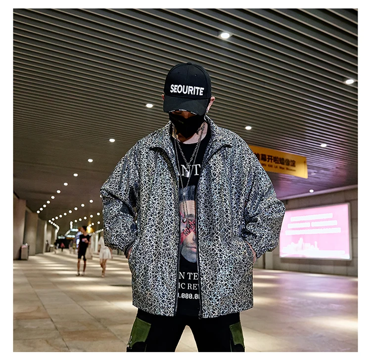 Men New Reflective Jacket Male Women Loose Casual Streetwear Hip Hop Coat Outerwear Club DJ Stage Clothing