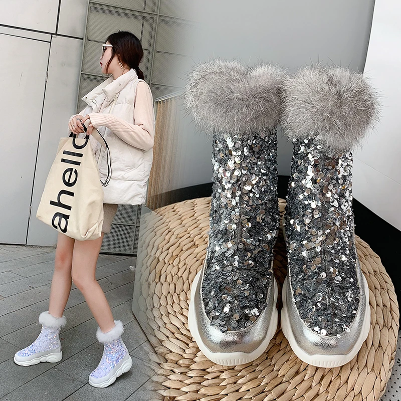 

Lzxgsj Fashion Womens Snow Boots Winter Fur Collar Warm Plush Sequins Silver White Booties Female Zip Up Platform Ankle Shoes