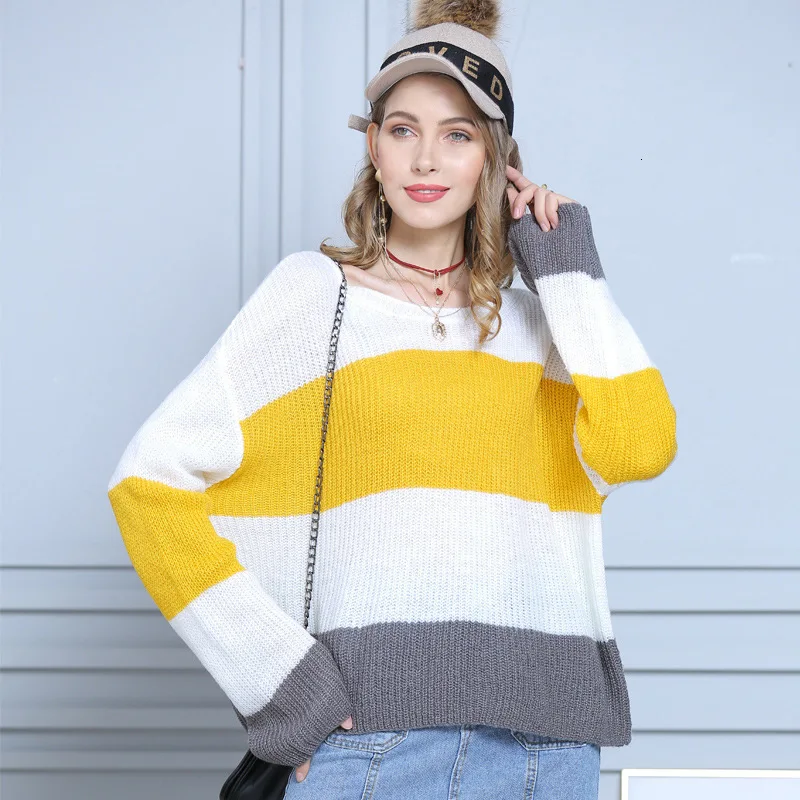 

Autumn Winter Casual Striped Sweater Women O Neck Long Sleeve Loose Ladies Jumpers Contrast Color Pullovers 2020 Jersey Mujer