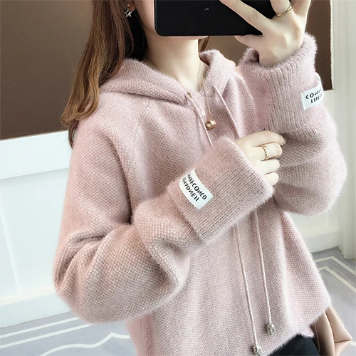 Surmiitro Mink Cashmere Knitted Hoodies Women Autumn Winter Korean Kpop Long Sleeve Hooded Sweatshirt Female Pullover Blue - Цвет: Розовый