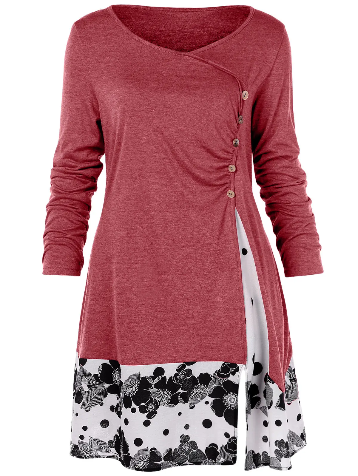 

Rosegal Plus Size Draped Floral Buttons Tunic T-shirt Women Clothing Casual O Neck Long Sleeve Tops T shirt Autumn T-shirts 2018