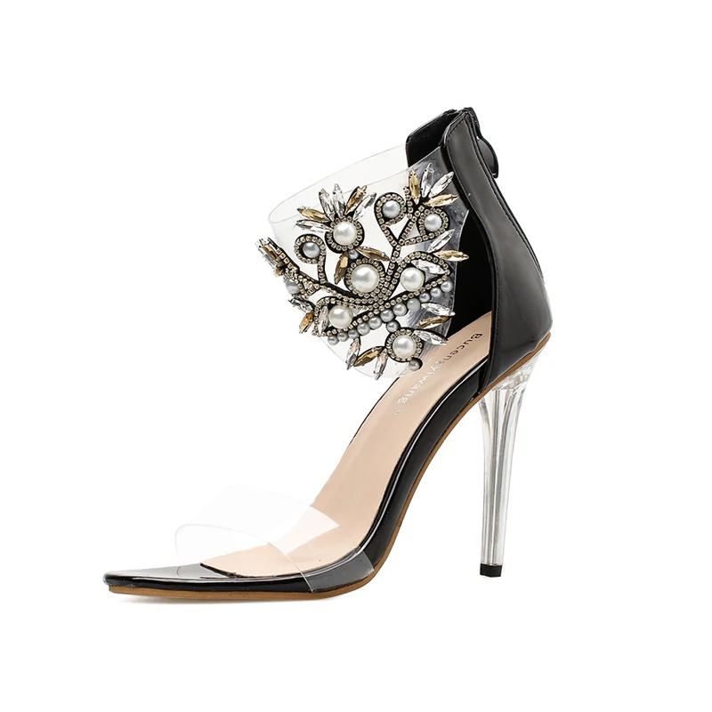 Женские босоножки на высоком каблуке 10 см с жемчугом; женские прозрачные туфли со стразами; роскошные дизайнерские женские летние туфли-лодочки с ремешком на щиколотке - Цвет: Черный