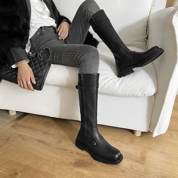 

2020 new products for fall/winter first layer cowhide belt buckle high boots square toe knight boots