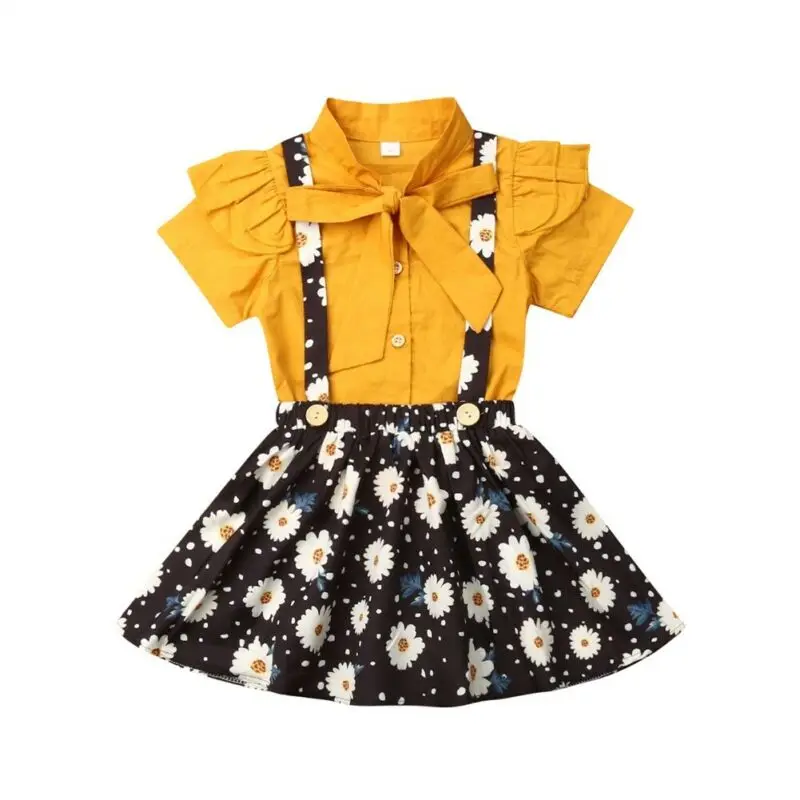 

2Pcs Toddler Kids Baby Girl Summer Yellow T-Shirt Top Flower Overall Bib Skirts Children Clothes Set New Hot