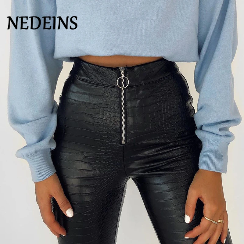 

NEDEINS Black Summer PU Leather Pants Elastic Force Ladies High Waist Sexy Skinny Zipper Oversized Street Party Pants