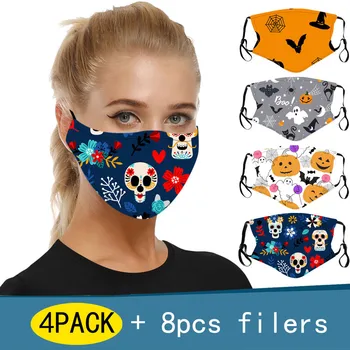 

4pcs Unisex Adjustable Windproof Reusable Halloween Printed Face Mask Mascarilla Cycling Mouth Cover Face Masks Summer Hot Sale
