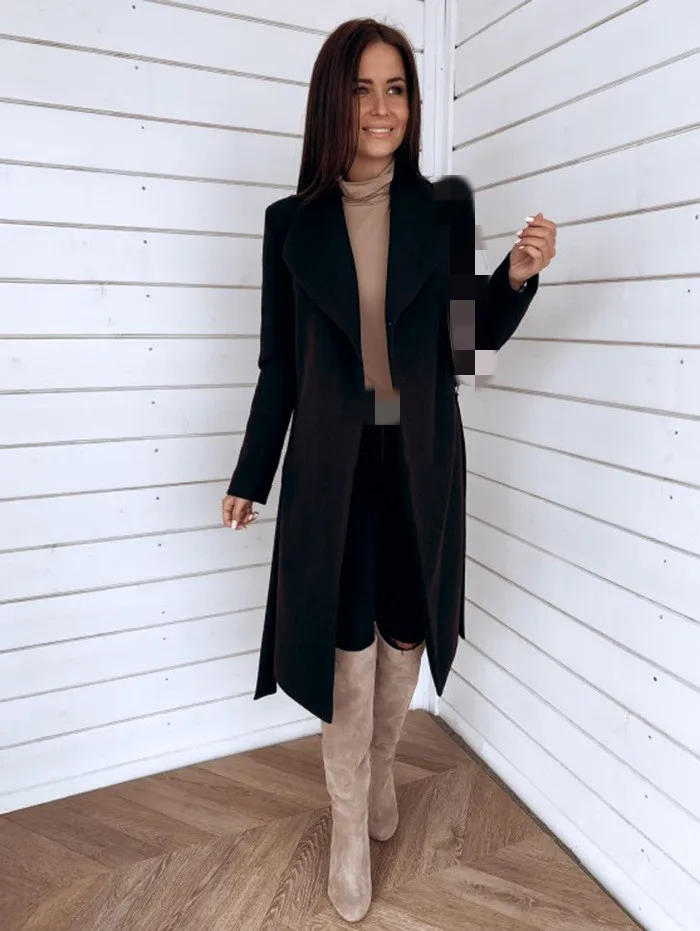 2021 Autumn Winter Black Women's Coat Trench Wool Oversize Warm Lace Up Long Coats Female Elegant Fashion Casual Outerwear Lady
