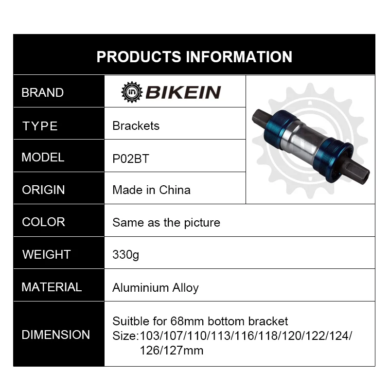 BIKEIN- Bicycle Bottom Bracket BB Axle 103/107/110/113/116/118/120/122/124/126/127mm MTB Quare Hole Crank Axis Waterproof Screws