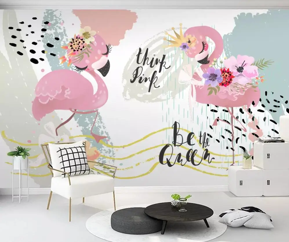 

Custom mural wallpaper 3D Nordic modern minimalist flamingo geometric lines graffiti mural background wall decorative painting