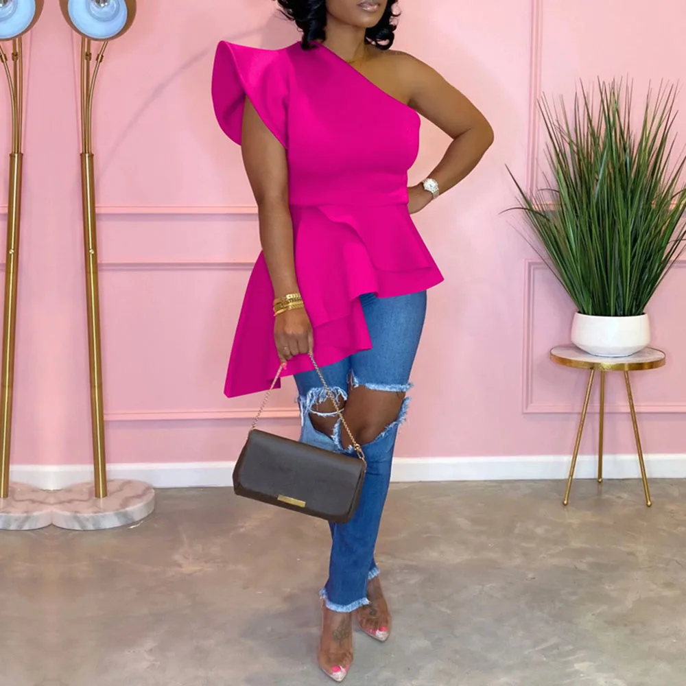 

Sexy One Shoulder Blouse Tops High Waist Rose Red Long Shirts Female Elegant Party Dinner Club Blouse Tops Shirts 2020 African
