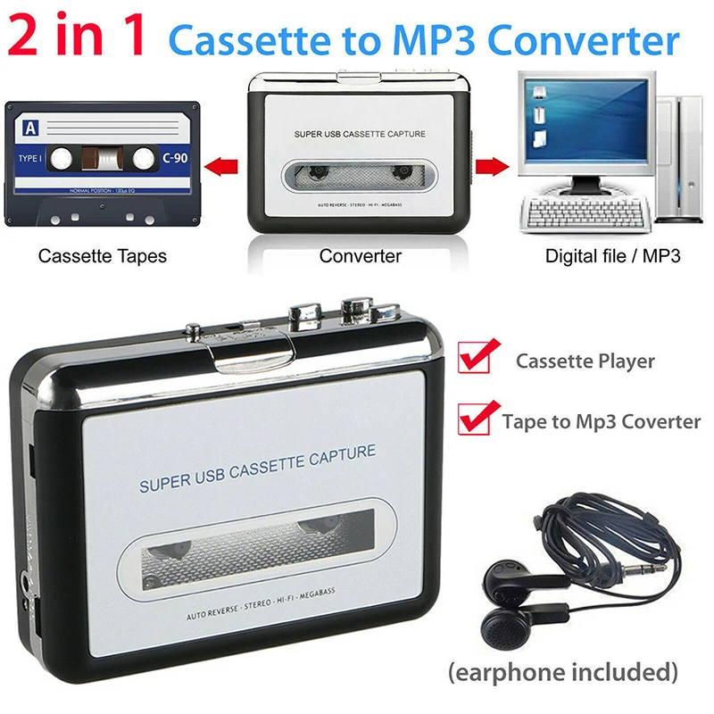 

USB2.0 Portable Tape to PC Super Cassette To MP3 Audio Music CD Digital Player Converter Capture Recorder +Headphone