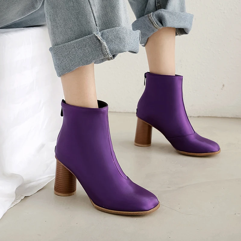 

Rimocy Patent Leather Waterproof Ankle Boots for Women Fashion Zipper Square Heels Purple Boots Woman 2019 Big Size Ladies Shoes