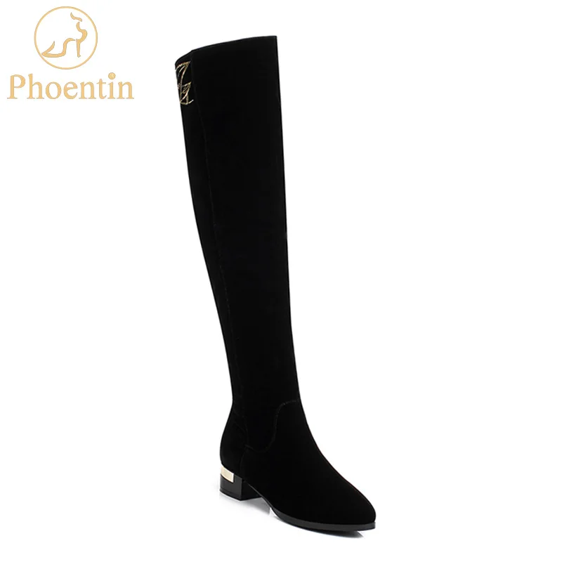 Phoentin/Сапоги выше колена на низком каблуке 3 см; модель года; botine femme; облегающие туфли на молнии с золотой вышивкой; женская обувь черного цвета размера плюс; FT820