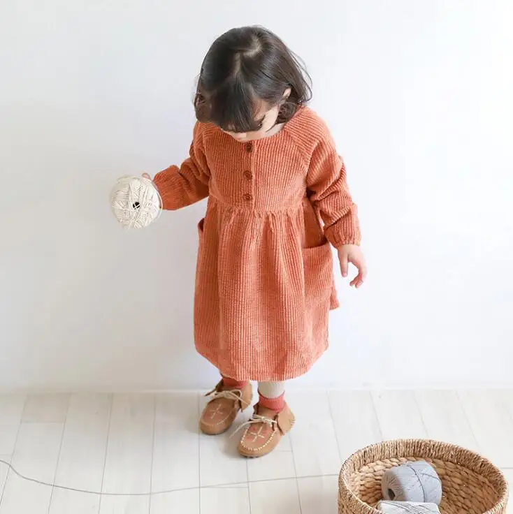 Г., вельветовое платье в Корейском стиле для девочек модные осенние платья с карманами для девочек от 1 до 6 лет, HX876