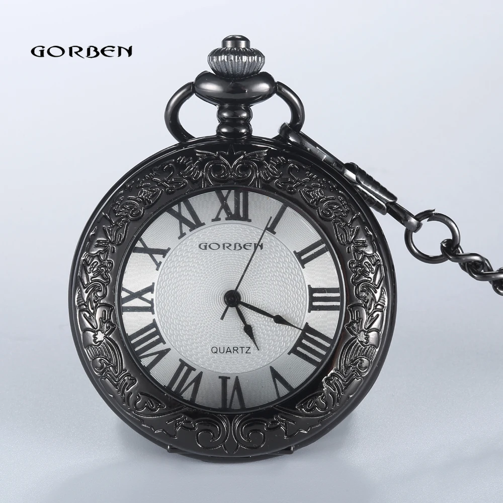 GORBEN-Black-Carving-Roman-Numberls-pocket-watch-Men-Waist-Chain-Sculpture-FOB-Vintage-Quartz-Women-Relogio