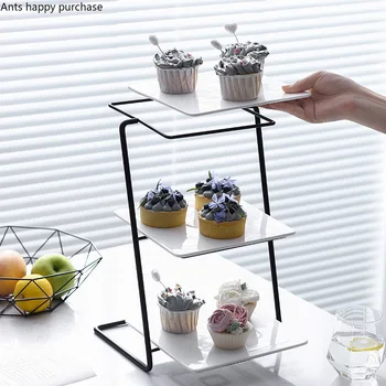 

White Square Ceramics Three-layer Tray Iron Art Fruit Tray Dessert Table Cake Stand Exhibition Hall Display Stand Cake Tools