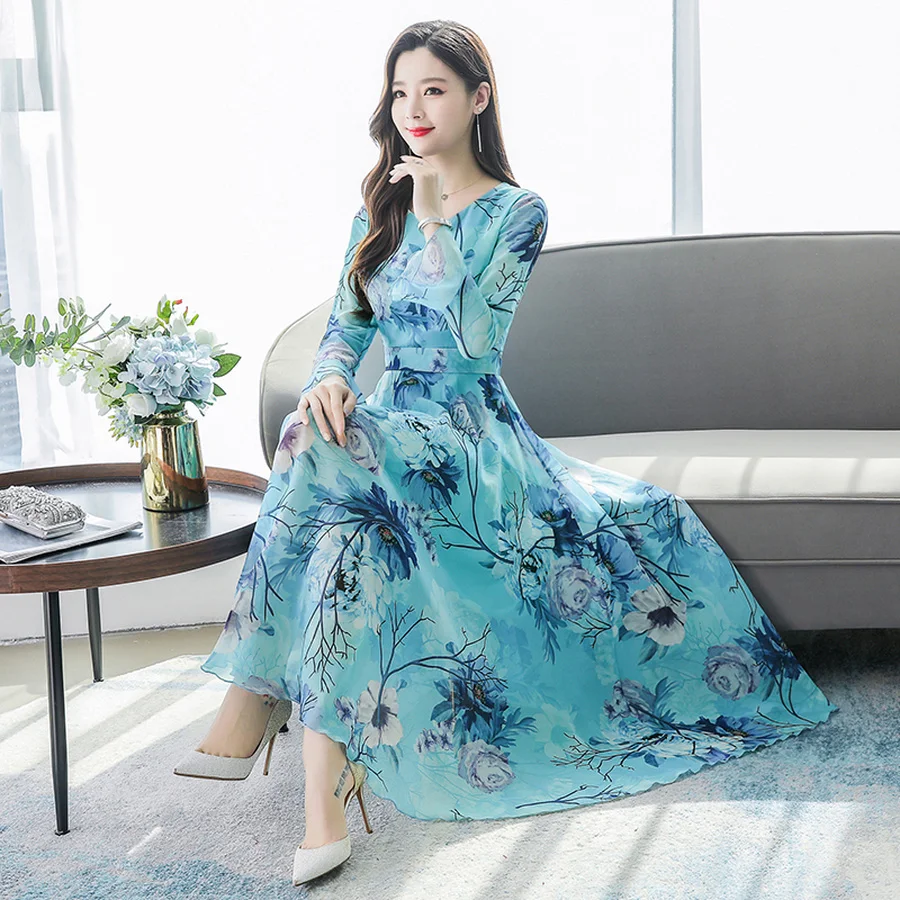 

2020 Vintage Blue Floral Chiffon Midi Dresses Spring Autumn Plus Size Long Sleeve Maxi Dress Elegant Women Bodycon Party Vestido