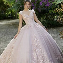 

Light Pink Quinceanera Dress 2021 V-Neck Appliques Sequins Beads Backless Party Princess Sweet 16 Ball Gown Vestidos De 15 Anos