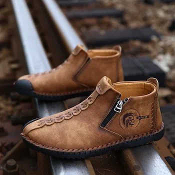 

Nine o'clock 2020 Men's Vintage Leather Shoes Quality Casual Breathable Male Boots Zipper Opening Mid-Top Autumn Plus Size 38-48