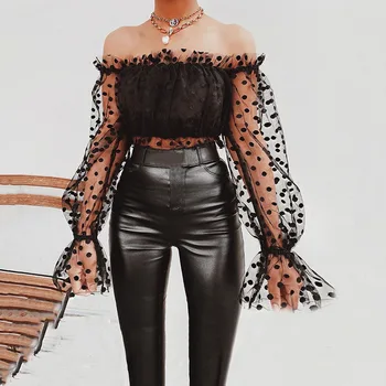 

Off Shoulder Women Blouse 2020 Summer Sexy Elegant Lantern Sleeve Black See Through Lace Polka Dots Female Tops Mesh Shirts