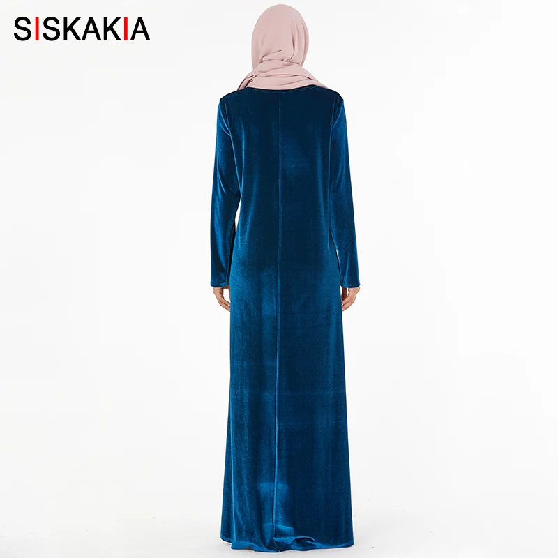 Siskakia элегантное мусульманское длинное платье Короткое бархатное Цветочная вышивка размера плюс платья с круглым вырезом с длинным рукавом Свинг Повседневная Арабская одежда